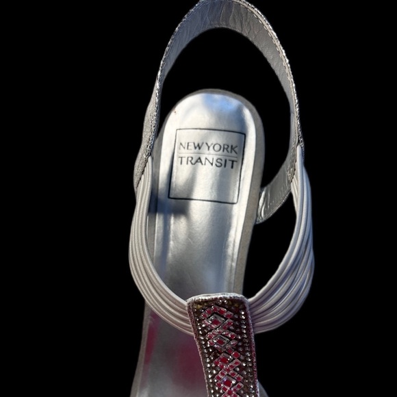 New York Transit BADGETASTIC WEDGE SANDAL. Silver sparkle open toe. - Picture 4 of 5